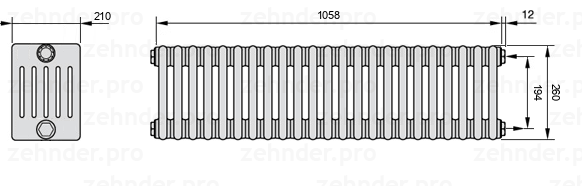 Схема (чертеж) Радиатор Zehnder Charleston 6026/23 №7610 Белый глянцевый RAL 9016